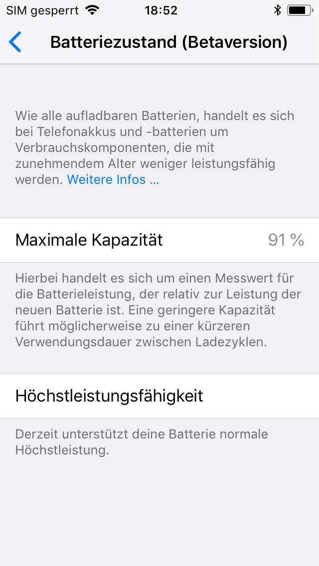 iOS 11.3 „Batteriezustand“ misst Leistungsfähigkeit nicht Kapazität