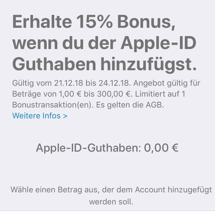 Apple gibt 15% Bonus auf neu gekauftes Apple-ID Guthaben