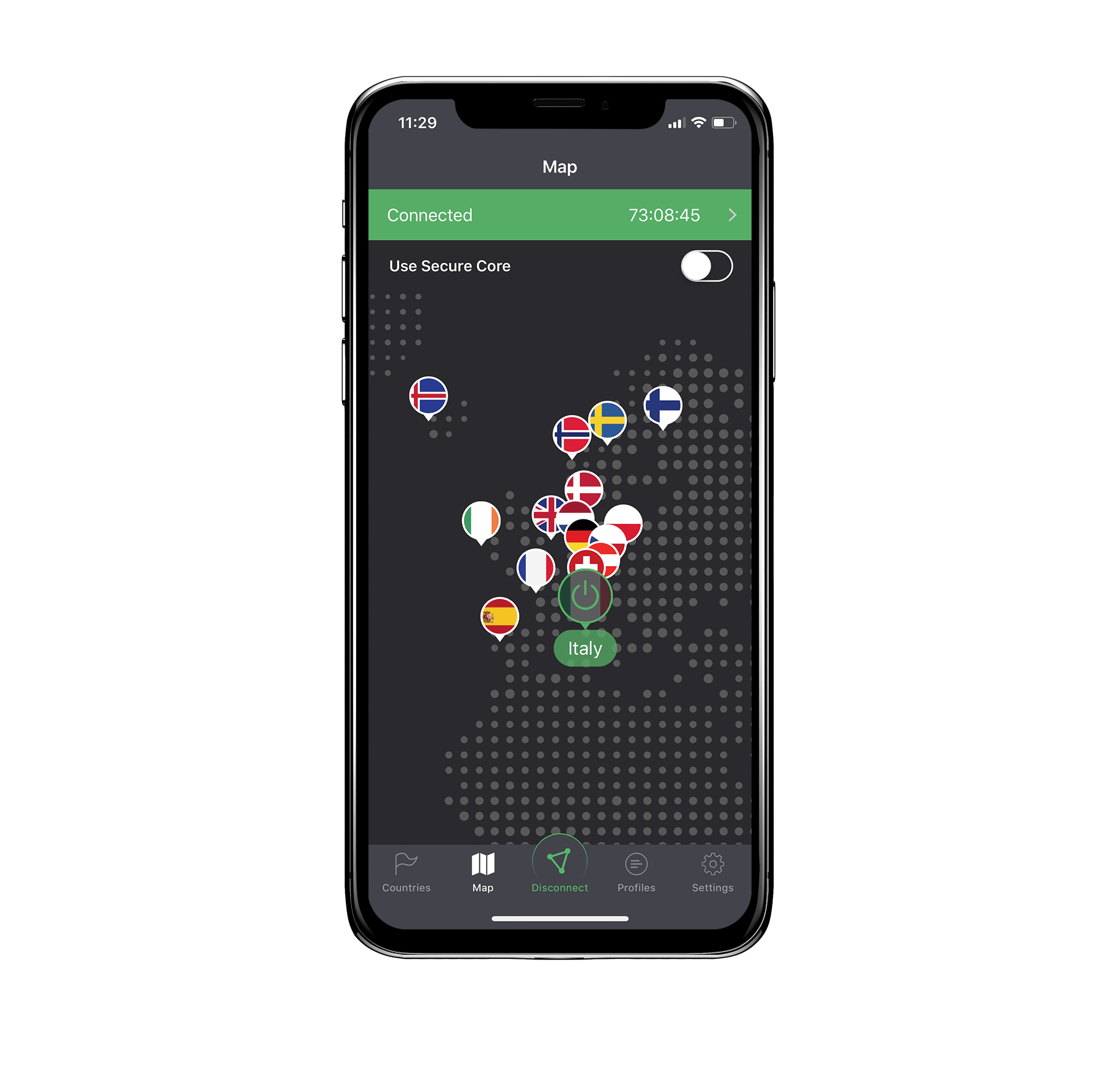 ProtonVPN iOS app connection country map device