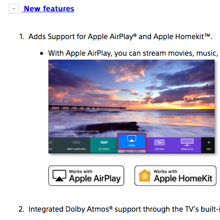 sony tv airplay 2 update homekit