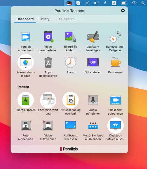 Parallels Toolbox für Mac Dashboard