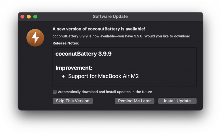 Coconut Battery 3.9.9 mit Unterstützung für M2 MacBook Air