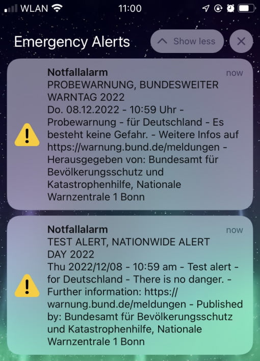 cell broadcast alarm german english